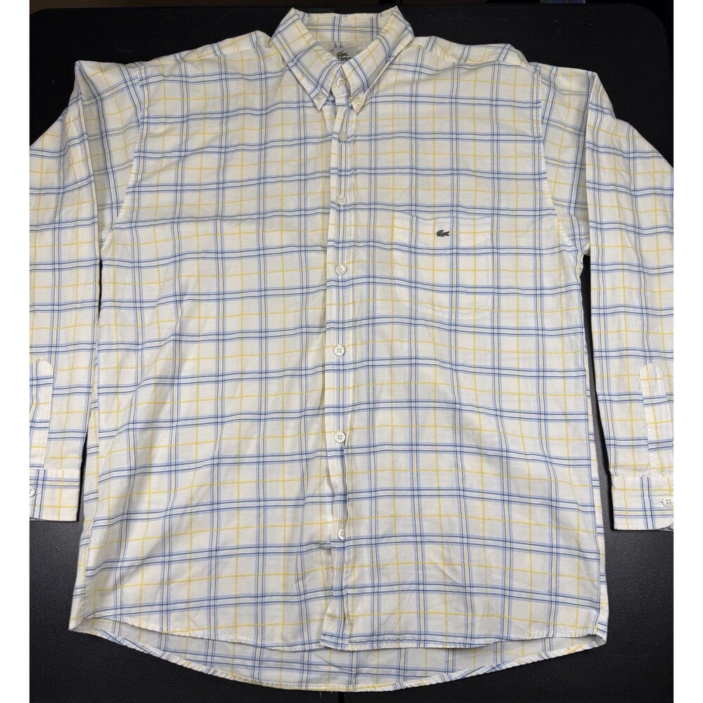 Lacoste Men's Plaid Yellow Blue White Cotton Long Sleeve Button-Up Shirt 44